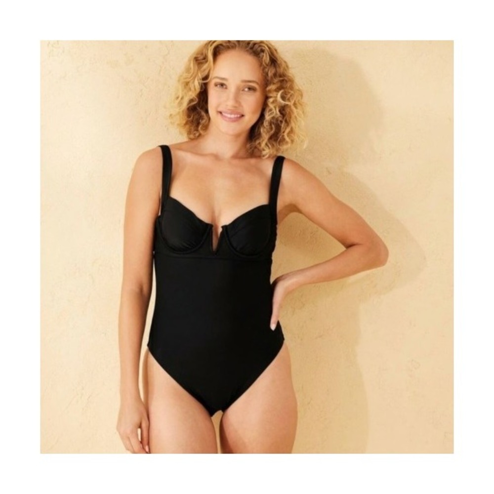 Shade Shore Black High Leg One Piece Swimsuit Women's M 8 10 Underwire Bow Back